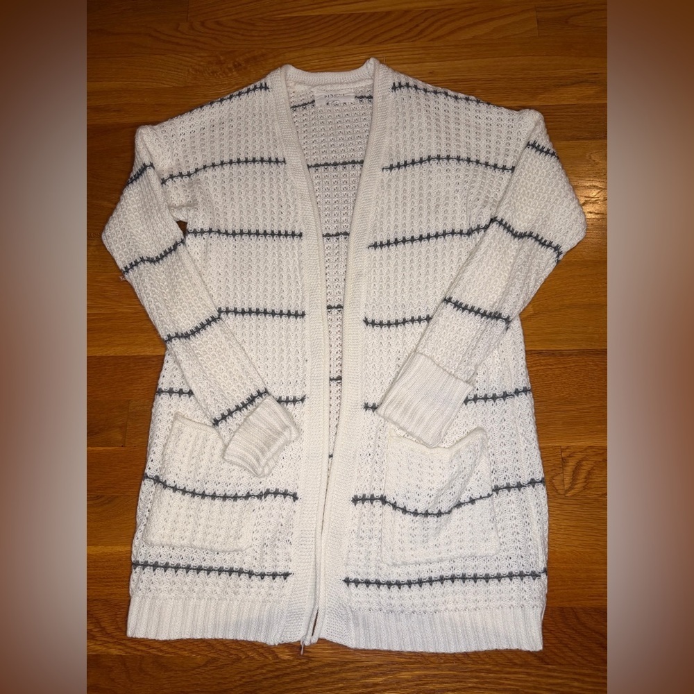 PINQUE Open Knit Striped Cardigan Sweater XS Ivory Gray Cozy Layering